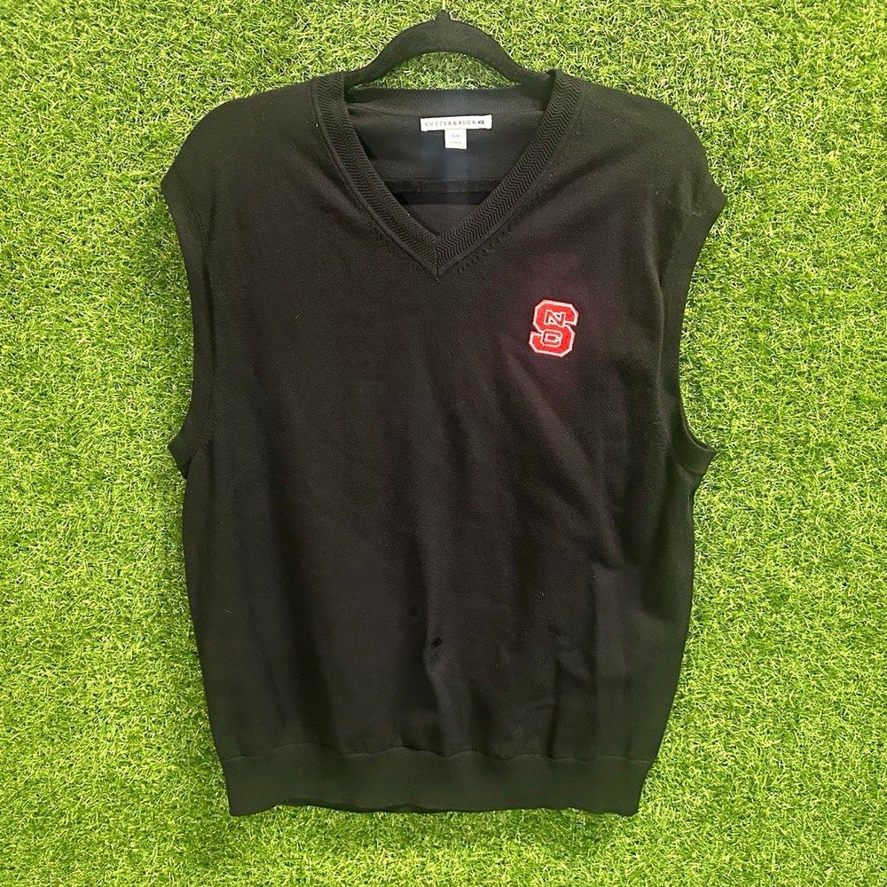 Cutter & Buck Men's M Black Solid Knit V-Neck Sleeveless Sweater Vest Logo